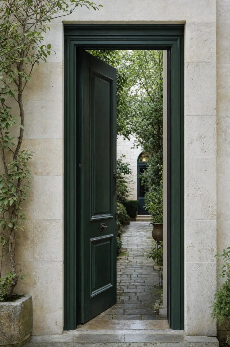 The quiet detail of a stone and evergreen doorway